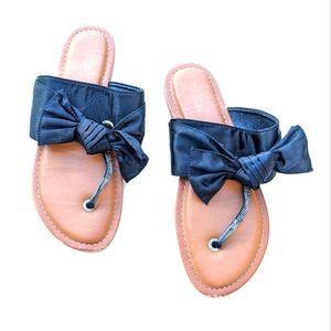 Women's black satin bow jeweled thong sandals